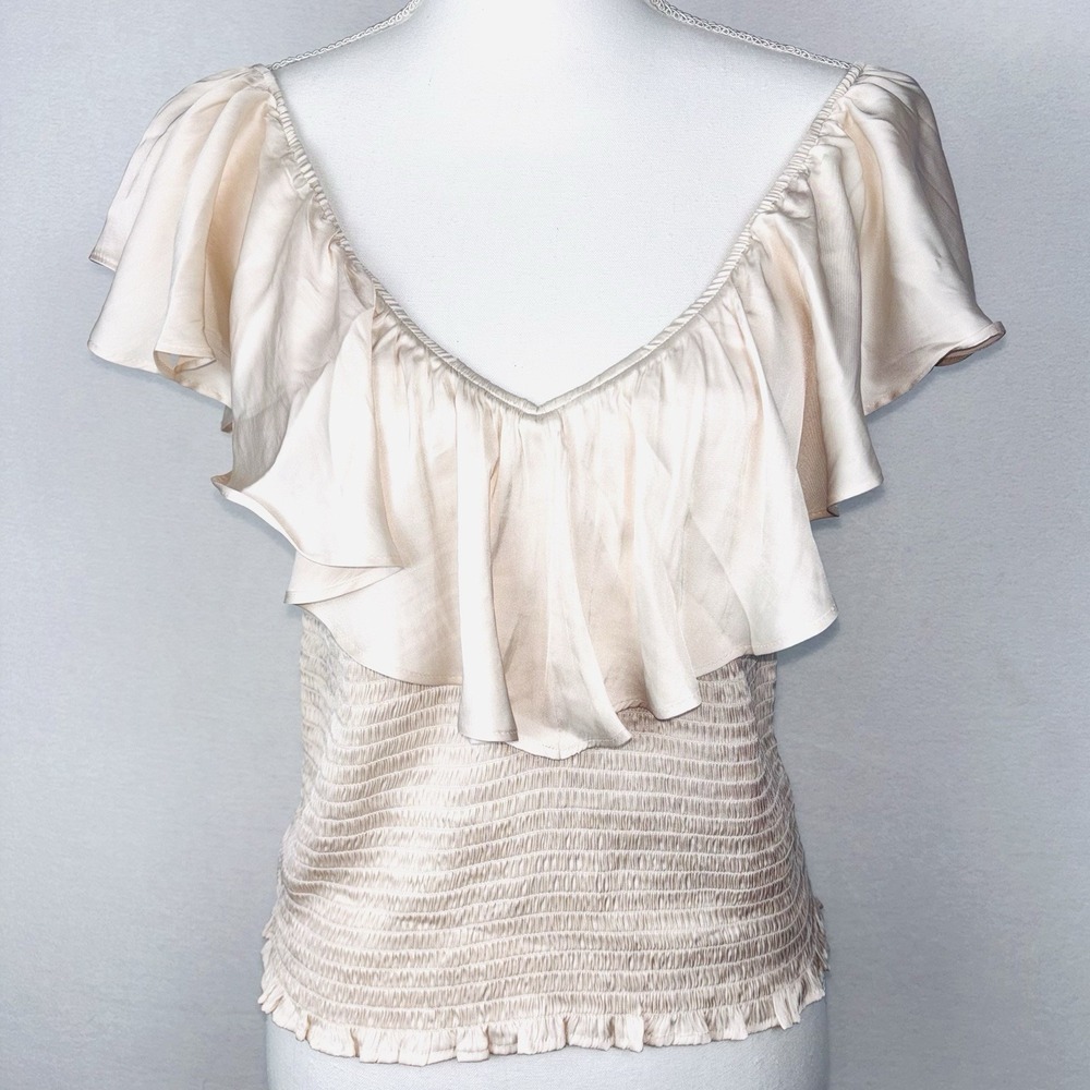 Express Smocked Satin Off The Shoulder Blouse Top Ivory Cream Ecru Large Fitted‎